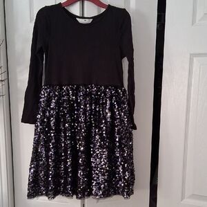 H&M Girls Black Long-Sleeve Sequin Party Dress